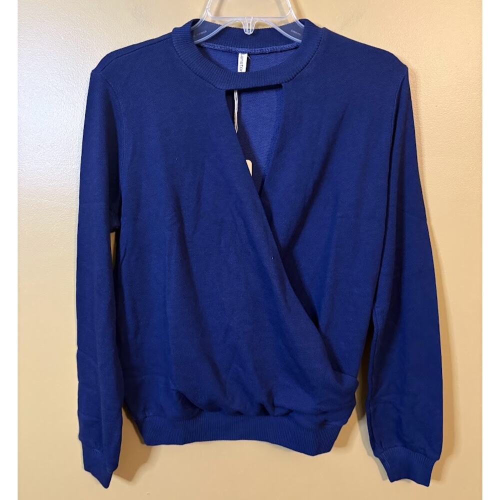 Revolve Lanston Navy Long Sleeve‎ Faux Wrap Cotton Blend Sweater Size Small NWT